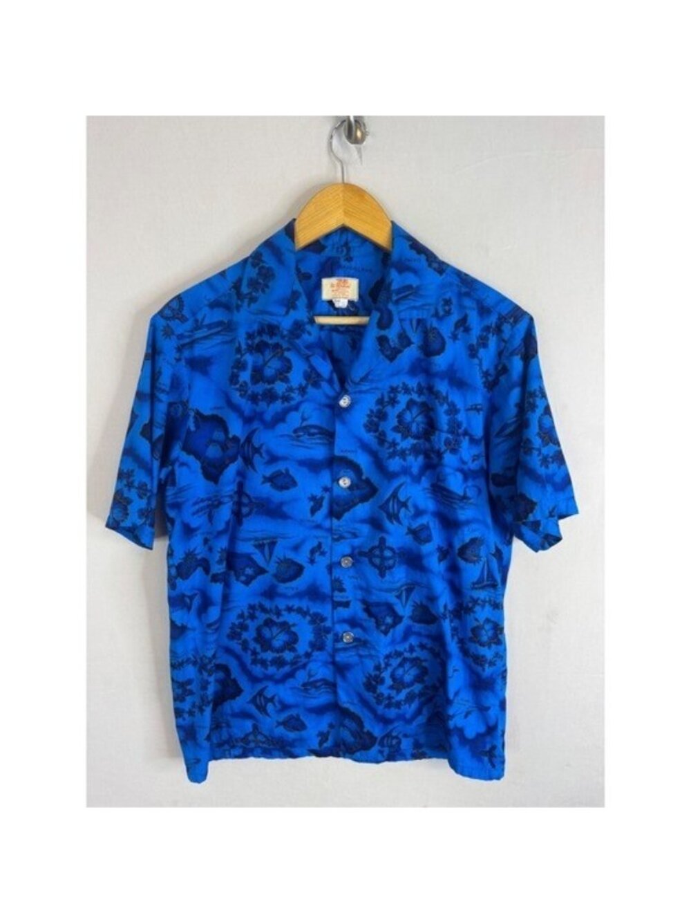 Vintage 1960's Ui-Maikai Hawaii Map Hibiscus Blue Cotton Aloha Shirt Mens L